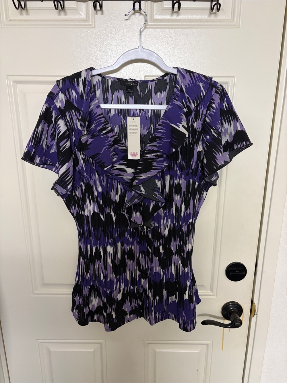 East 5th Purple, Black & White Patterned Ruffle V-Neck Top